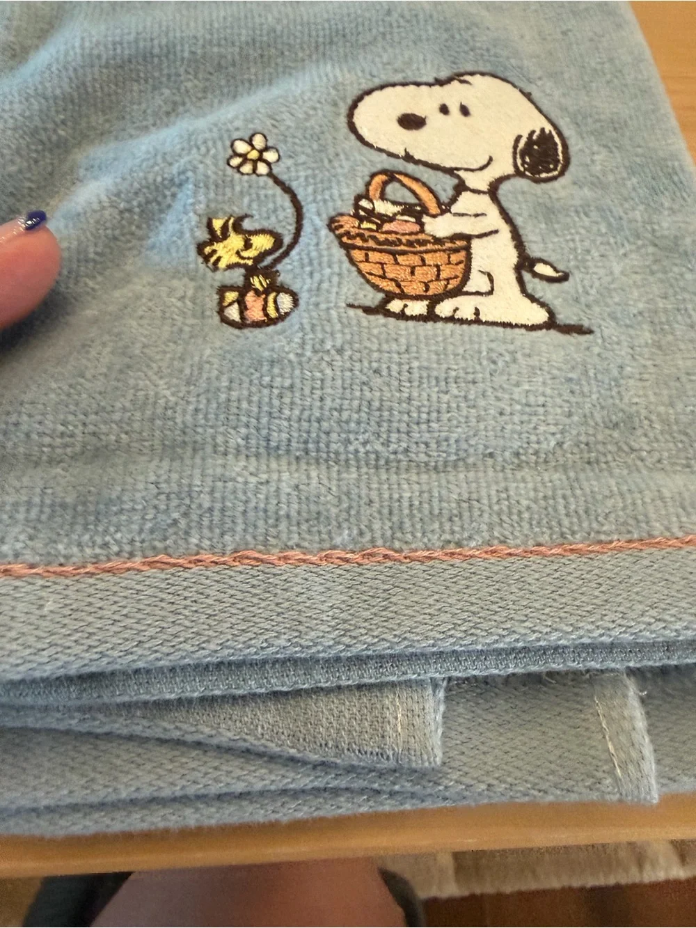 Peanuts Easter Blue Hand Towel with Embroidered Snoopy & Woodstock